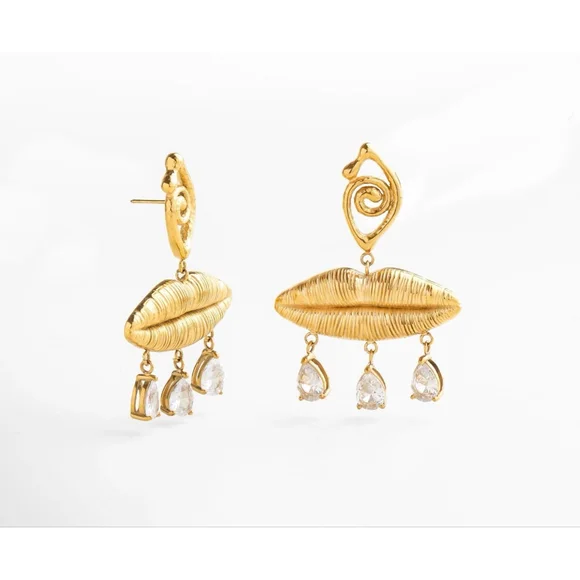 Women's Anthropologie Gold Lip Drop Earrings with Clear Stones, One Size - Picture 3 of 5